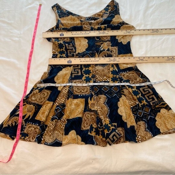 Joni Blair Romper Blue Tan Floral Abstract V Neck Button Front Tie Back Size 7 - Picture 3 of 9